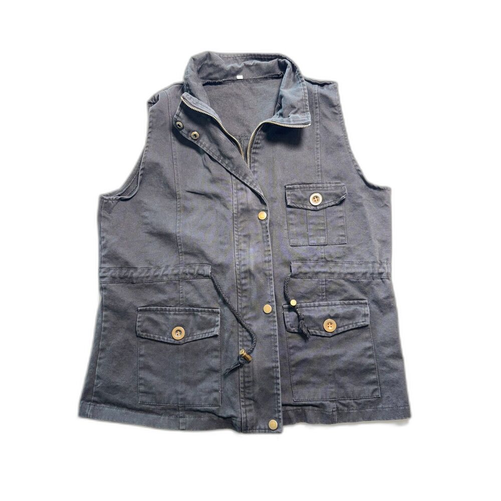 Black Utility Cargo Vest Women's Size L Zip Front Multi-Pocket